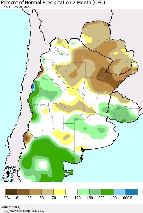 Southern South America Percent of Normal Precipitation 2-Month (CPC) Thematic Map For 1/1/2022 - 2/28/2022