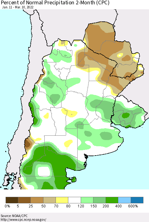 Southern South America Percent of Normal Precipitation 2-Month (CPC) Thematic Map For 1/11/2022 - 3/10/2022