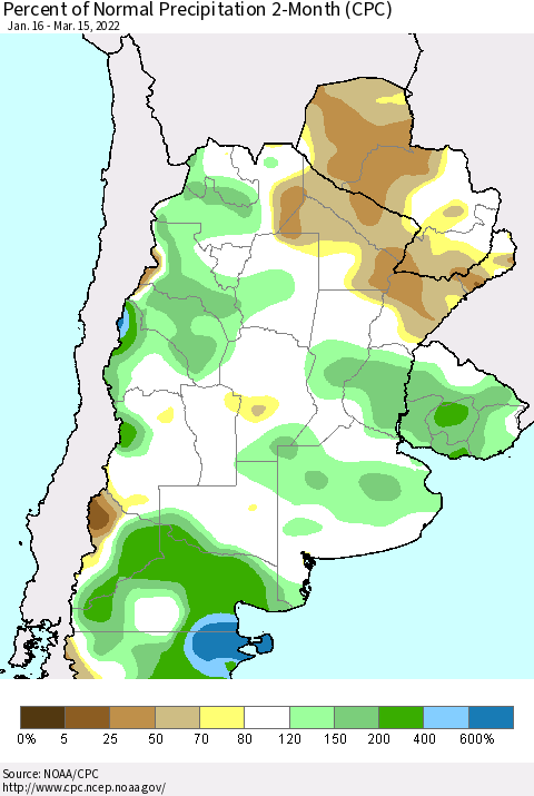 Southern South America Percent of Normal Precipitation 2-Month (CPC) Thematic Map For 1/16/2022 - 3/15/2022