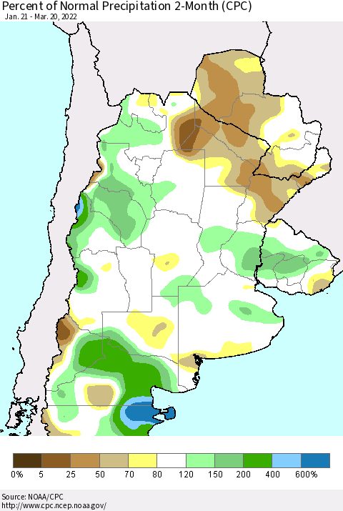 Southern South America Percent of Normal Precipitation 2-Month (CPC) Thematic Map For 1/21/2022 - 3/20/2022