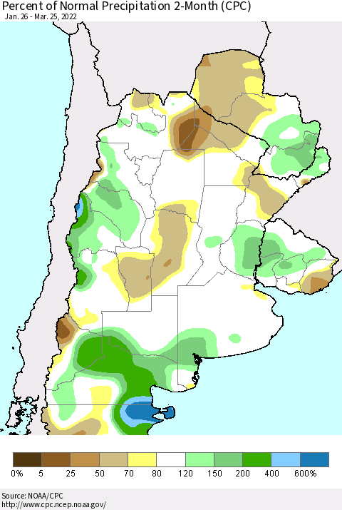 Southern South America Percent of Normal Precipitation 2-Month (CPC) Thematic Map For 1/26/2022 - 3/25/2022