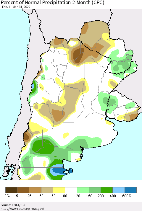 Southern South America Percent of Normal Precipitation 2-Month (CPC) Thematic Map For 2/1/2022 - 3/31/2022