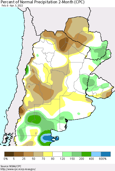 Southern South America Percent of Normal Precipitation 2-Month (CPC) Thematic Map For 2/6/2022 - 4/5/2022