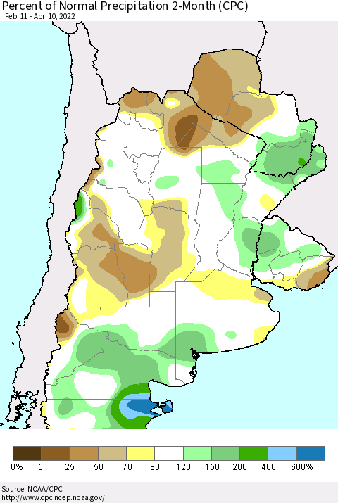 Southern South America Percent of Normal Precipitation 2-Month (CPC) Thematic Map For 2/11/2022 - 4/10/2022