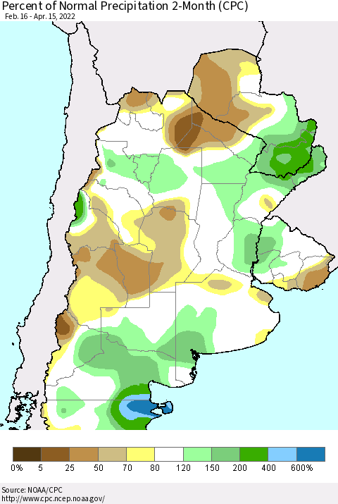 Southern South America Percent of Normal Precipitation 2-Month (CPC) Thematic Map For 2/16/2022 - 4/15/2022
