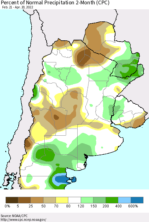 Southern South America Percent of Normal Precipitation 2-Month (CPC) Thematic Map For 2/21/2022 - 4/20/2022