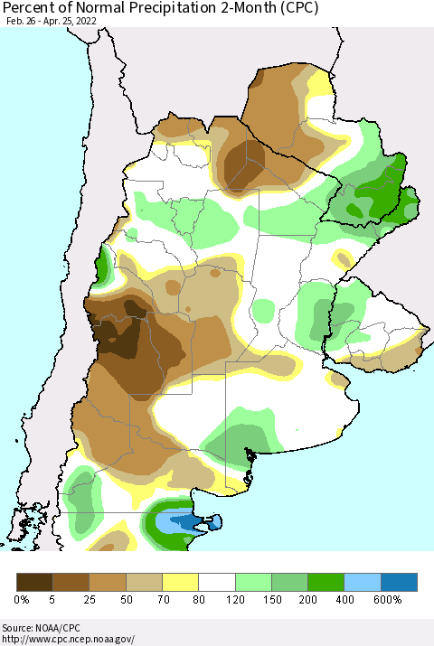 Southern South America Percent of Normal Precipitation 2-Month (CPC) Thematic Map For 2/26/2022 - 4/25/2022