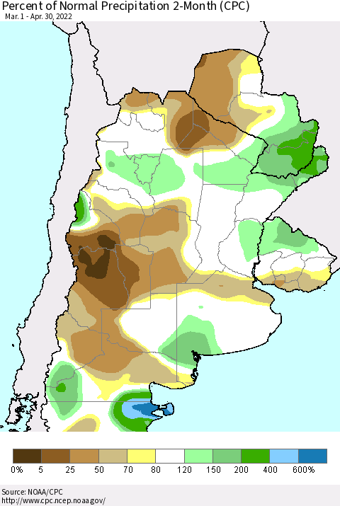 Southern South America Percent of Normal Precipitation 2-Month (CPC) Thematic Map For 3/1/2022 - 4/30/2022
