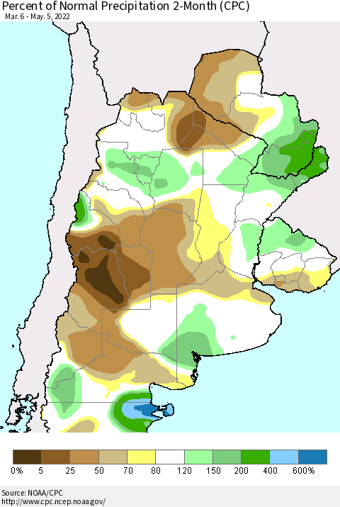 Southern South America Percent of Normal Precipitation 2-Month (CPC) Thematic Map For 3/6/2022 - 5/5/2022