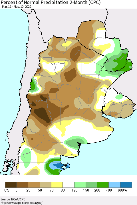 Southern South America Percent of Normal Precipitation 2-Month (CPC) Thematic Map For 3/11/2022 - 5/10/2022