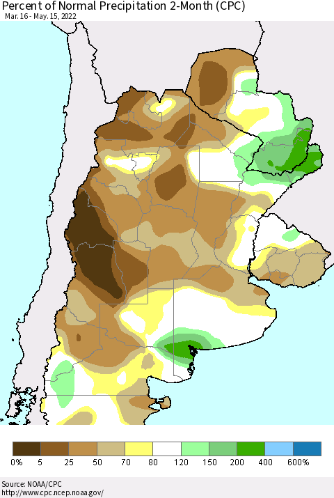 Southern South America Percent of Normal Precipitation 2-Month (CPC) Thematic Map For 3/16/2022 - 5/15/2022