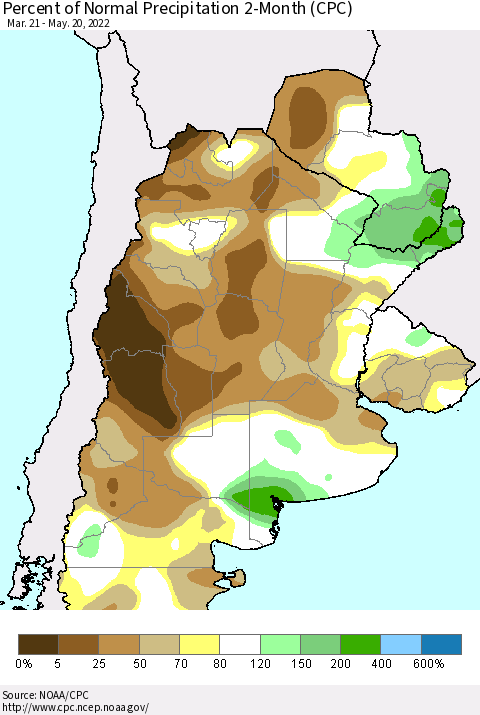 Southern South America Percent of Normal Precipitation 2-Month (CPC) Thematic Map For 3/21/2022 - 5/20/2022