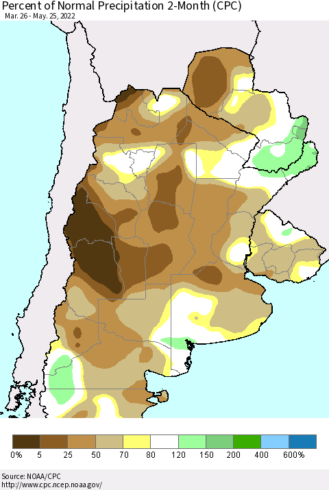 Southern South America Percent of Normal Precipitation 2-Month (CPC) Thematic Map For 3/26/2022 - 5/25/2022