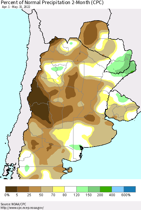 Southern South America Percent of Normal Precipitation 2-Month (CPC) Thematic Map For 4/1/2022 - 5/31/2022