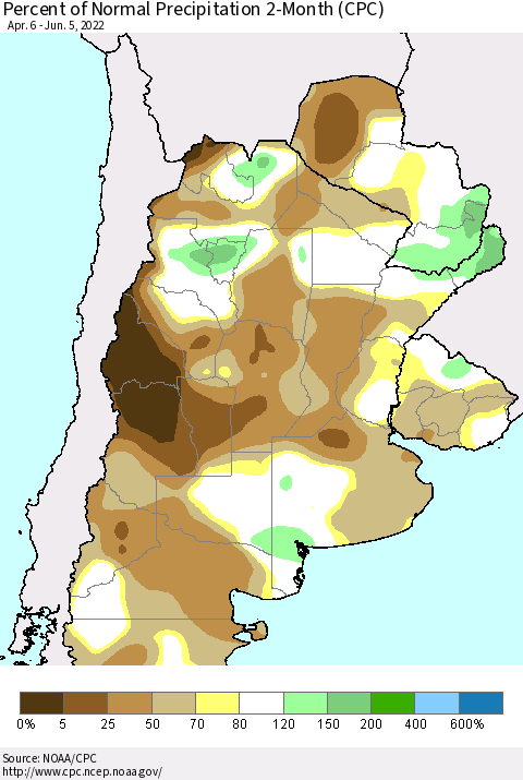 Southern South America Percent of Normal Precipitation 2-Month (CPC) Thematic Map For 4/6/2022 - 6/5/2022