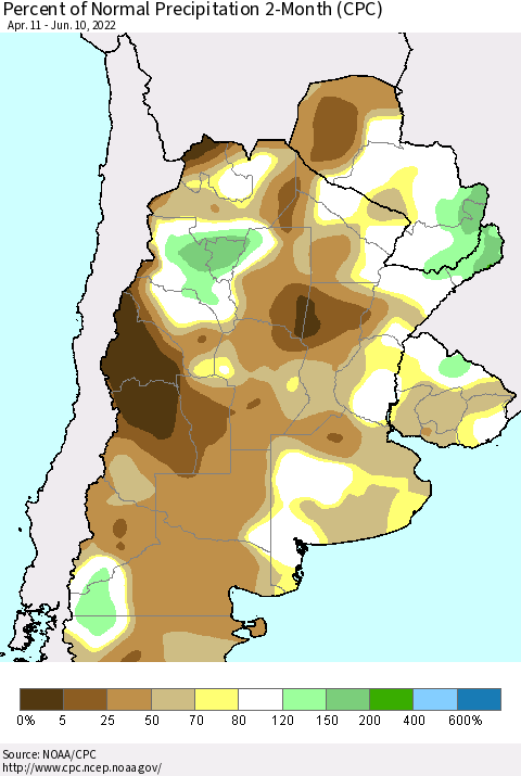 Southern South America Percent of Normal Precipitation 2-Month (CPC) Thematic Map For 4/11/2022 - 6/10/2022