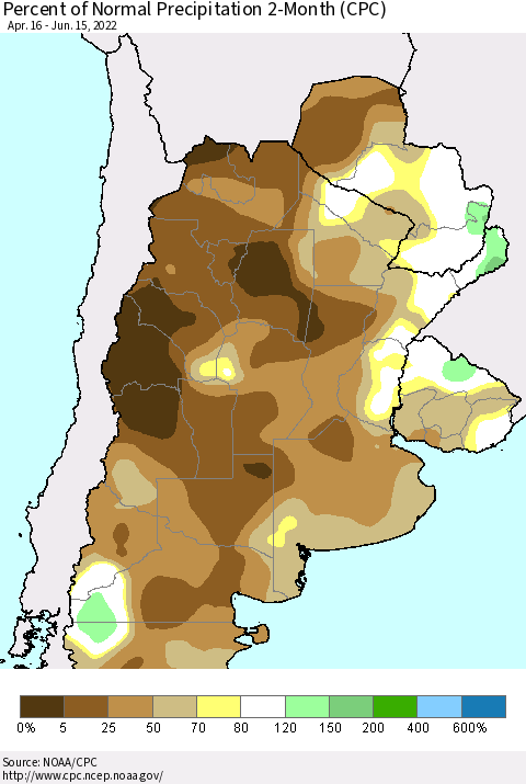 Southern South America Percent of Normal Precipitation 2-Month (CPC) Thematic Map For 4/16/2022 - 6/15/2022