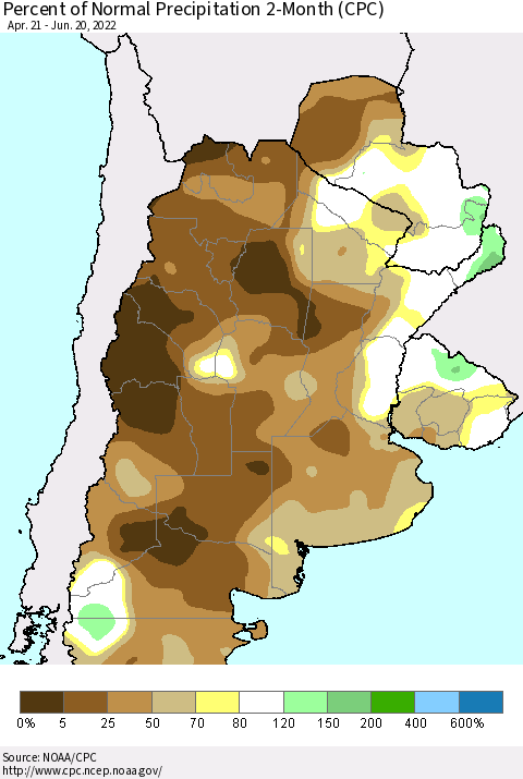 Southern South America Percent of Normal Precipitation 2-Month (CPC) Thematic Map For 4/21/2022 - 6/20/2022