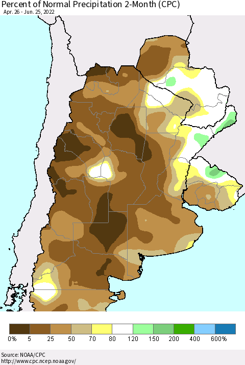 Southern South America Percent of Normal Precipitation 2-Month (CPC) Thematic Map For 4/26/2022 - 6/25/2022
