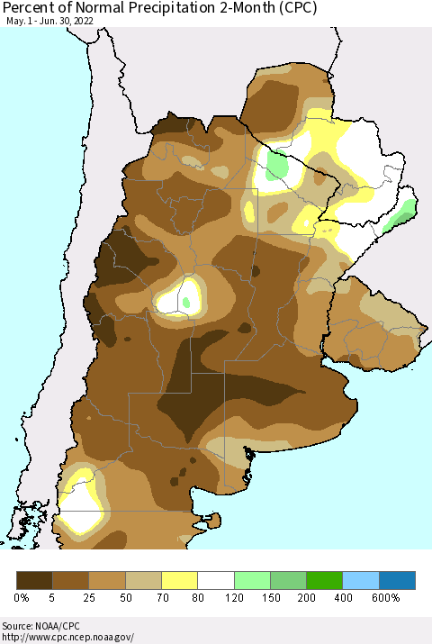 Southern South America Percent of Normal Precipitation 2-Month (CPC) Thematic Map For 5/1/2022 - 6/30/2022