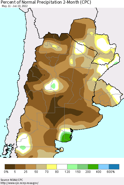 Southern South America Percent of Normal Precipitation 2-Month (CPC) Thematic Map For 5/11/2022 - 7/10/2022