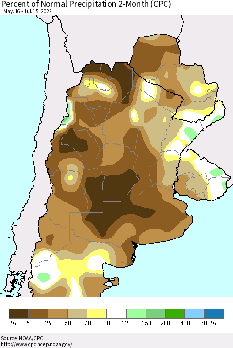 Southern South America Percent of Normal Precipitation 2-Month (CPC) Thematic Map For 5/16/2022 - 7/15/2022