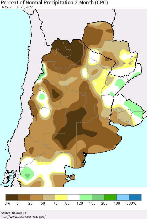 Southern South America Percent of Normal Precipitation 2-Month (CPC) Thematic Map For 5/21/2022 - 7/20/2022