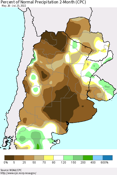Southern South America Percent of Normal Precipitation 2-Month (CPC) Thematic Map For 5/26/2022 - 7/25/2022