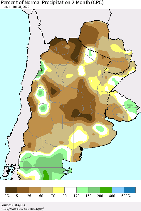 Southern South America Percent of Normal Precipitation 2-Month (CPC) Thematic Map For 6/1/2022 - 7/31/2022
