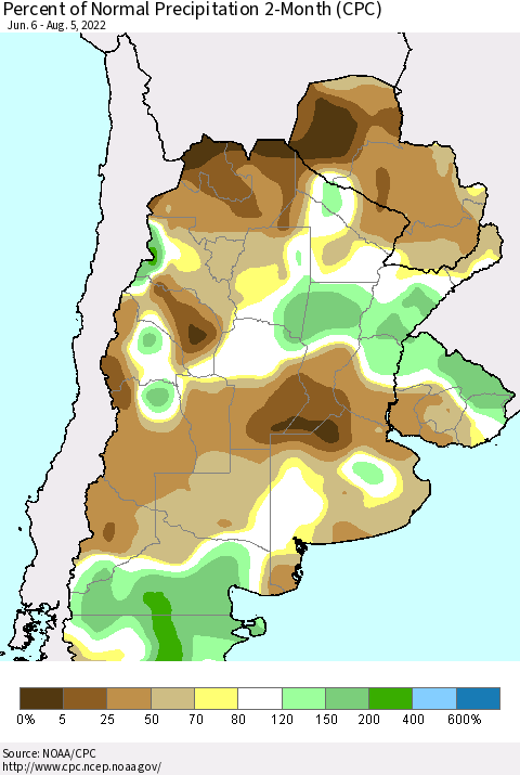 Southern South America Percent of Normal Precipitation 2-Month (CPC) Thematic Map For 6/6/2022 - 8/5/2022