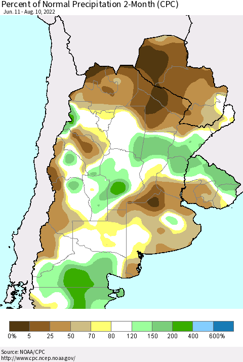 Southern South America Percent of Normal Precipitation 2-Month (CPC) Thematic Map For 6/11/2022 - 8/10/2022