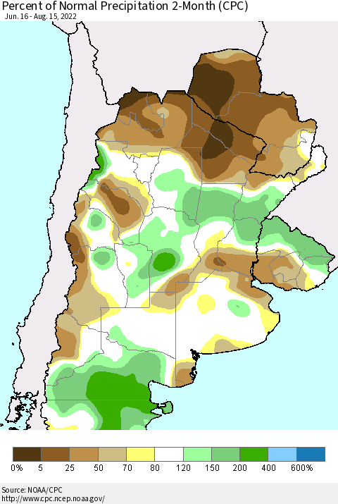 Southern South America Percent of Normal Precipitation 2-Month (CPC) Thematic Map For 6/16/2022 - 8/15/2022