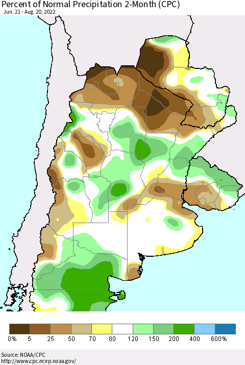 Southern South America Percent of Normal Precipitation 2-Month (CPC) Thematic Map For 6/21/2022 - 8/20/2022