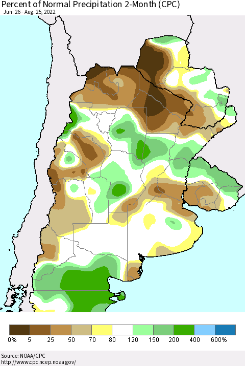 Southern South America Percent of Normal Precipitation 2-Month (CPC) Thematic Map For 6/26/2022 - 8/25/2022