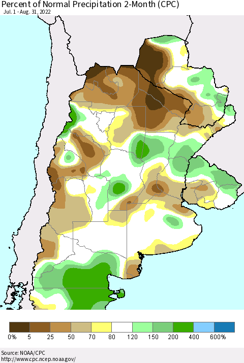 Southern South America Percent of Normal Precipitation 2-Month (CPC) Thematic Map For 7/1/2022 - 8/31/2022