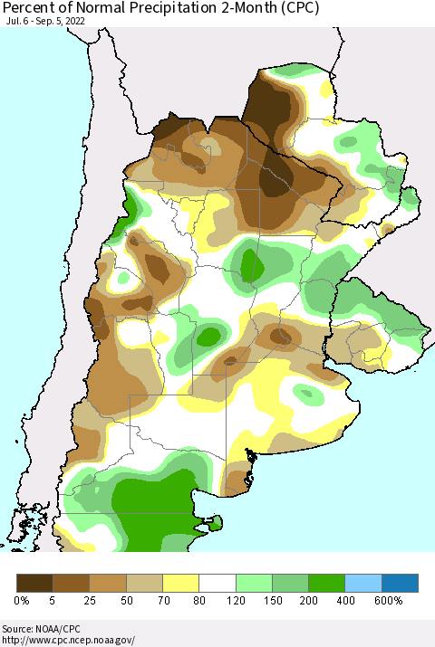 Southern South America Percent of Normal Precipitation 2-Month (CPC) Thematic Map For 7/6/2022 - 9/5/2022