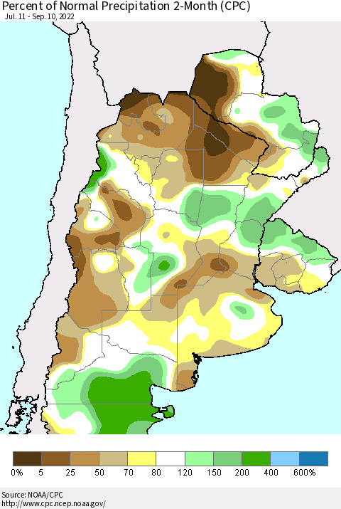 Southern South America Percent of Normal Precipitation 2-Month (CPC) Thematic Map For 7/11/2022 - 9/10/2022