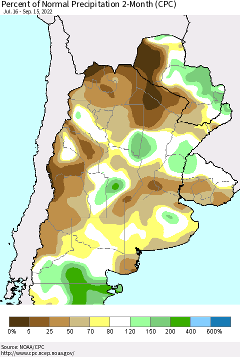 Southern South America Percent of Normal Precipitation 2-Month (CPC) Thematic Map For 7/16/2022 - 9/15/2022