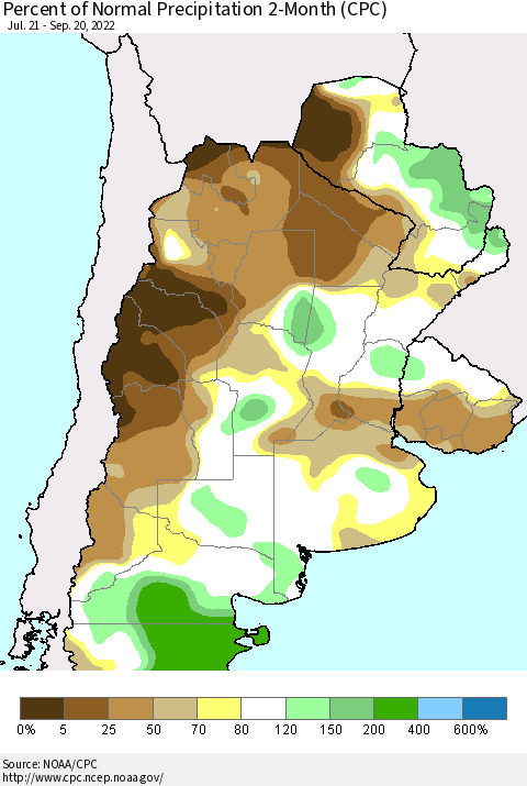 Southern South America Percent of Normal Precipitation 2-Month (CPC) Thematic Map For 7/21/2022 - 9/20/2022
