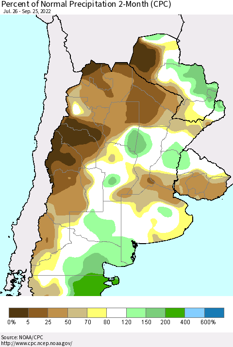 Southern South America Percent of Normal Precipitation 2-Month (CPC) Thematic Map For 7/26/2022 - 9/25/2022