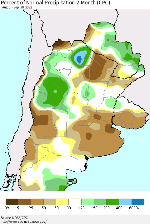 Southern South America Percent of Normal Precipitation 2-Month (CPC) Thematic Map For 8/1/2022 - 9/30/2022