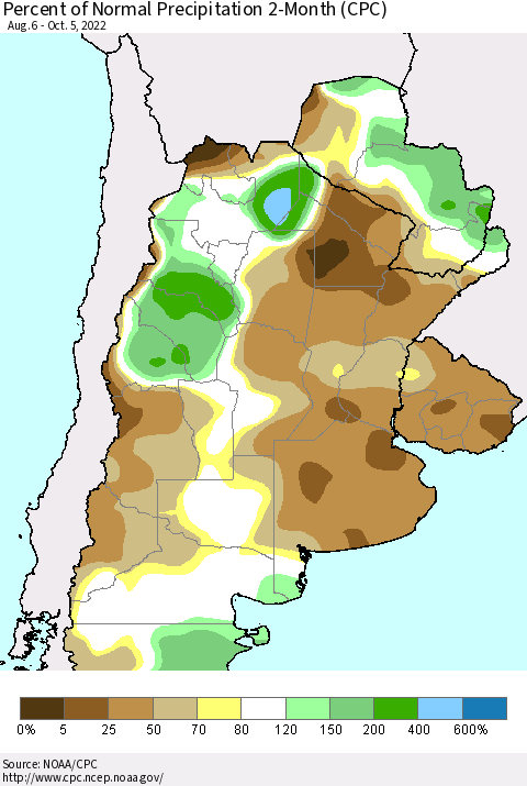 Southern South America Percent of Normal Precipitation 2-Month (CPC) Thematic Map For 8/6/2022 - 10/5/2022