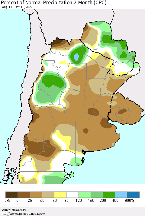 Southern South America Percent of Normal Precipitation 2-Month (CPC) Thematic Map For 8/11/2022 - 10/10/2022
