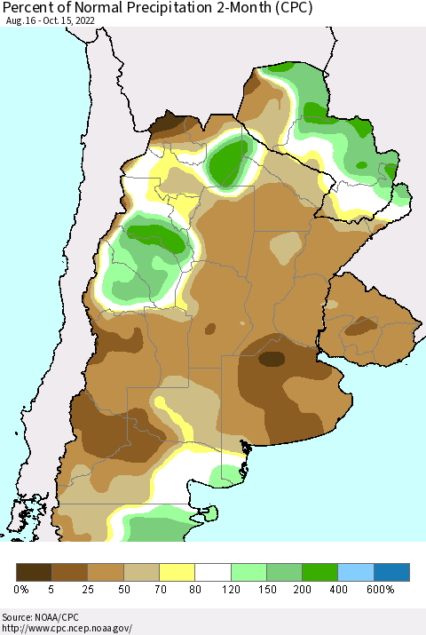Southern South America Percent of Normal Precipitation 2-Month (CPC) Thematic Map For 8/16/2022 - 10/15/2022