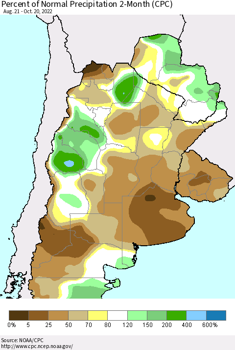 Southern South America Percent of Normal Precipitation 2-Month (CPC) Thematic Map For 8/21/2022 - 10/20/2022