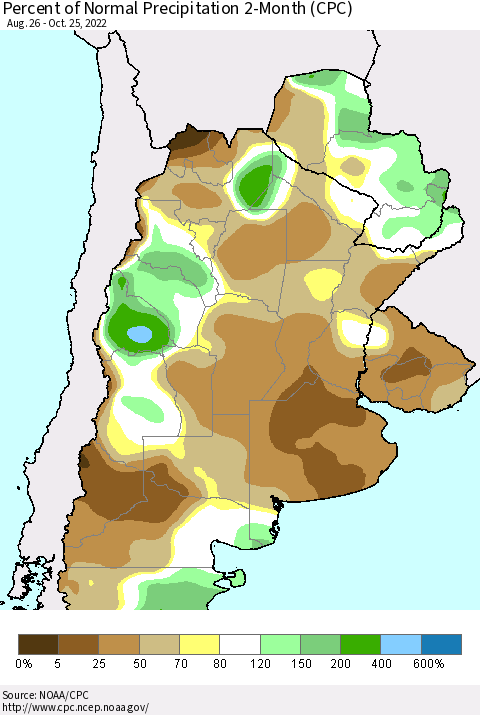 Southern South America Percent of Normal Precipitation 2-Month (CPC) Thematic Map For 8/26/2022 - 10/25/2022
