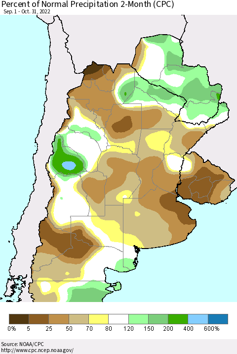 Southern South America Percent of Normal Precipitation 2-Month (CPC) Thematic Map For 9/1/2022 - 10/31/2022