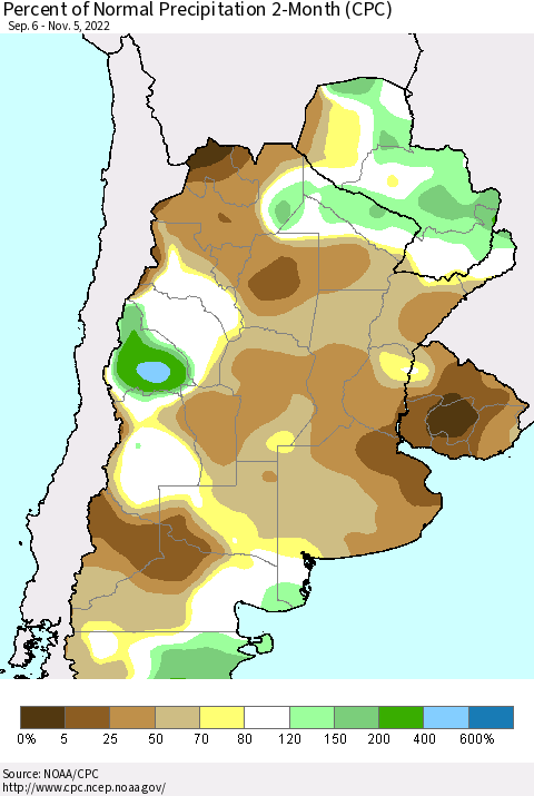 Southern South America Percent of Normal Precipitation 2-Month (CPC) Thematic Map For 9/6/2022 - 11/5/2022