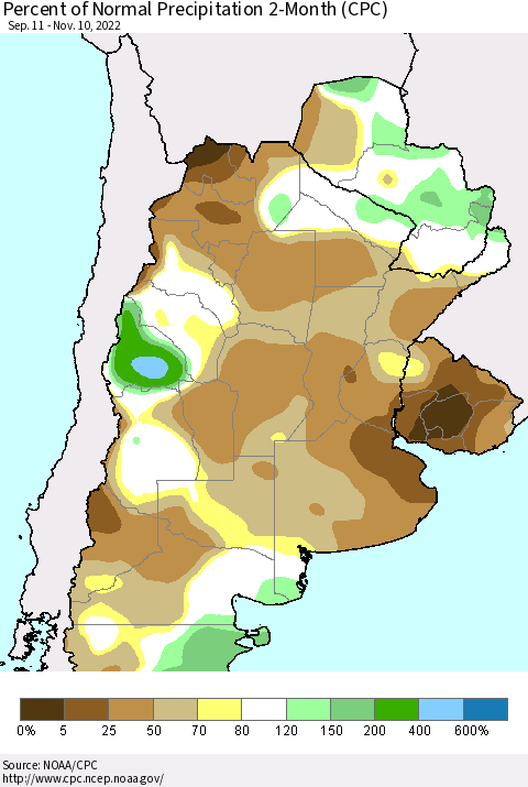 Southern South America Percent of Normal Precipitation 2-Month (CPC) Thematic Map For 9/11/2022 - 11/10/2022