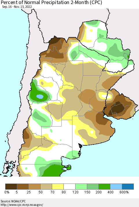 Southern South America Percent of Normal Precipitation 2-Month (CPC) Thematic Map For 9/16/2022 - 11/15/2022